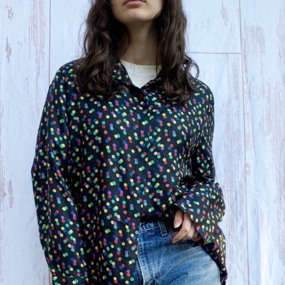 VINTAGE MULTI COLOR BUTTON DOWN JONES NEW YORK 100% SILK POLKA DOT BLOUSE